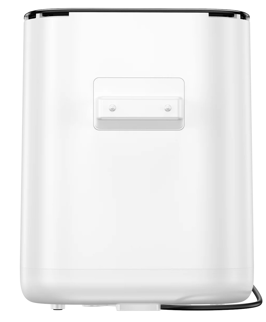 Białe pudełko z czarną górną krawędzią. Do boku przymocowano przezroczysty uchwyt.