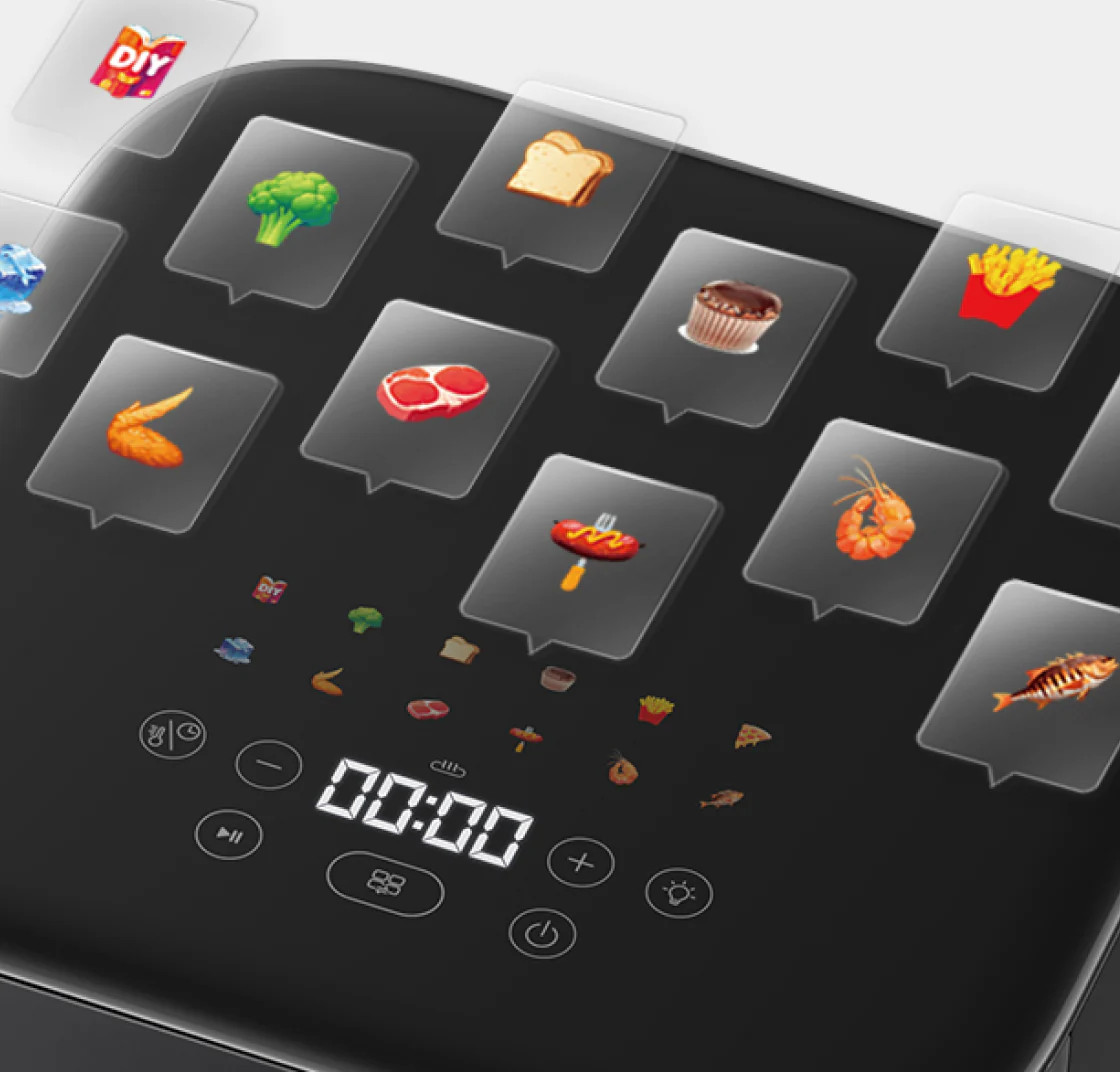 Cyfrowy wyświetlacz z ikonami żywności: brokuły, stek, krewetki, ryba.