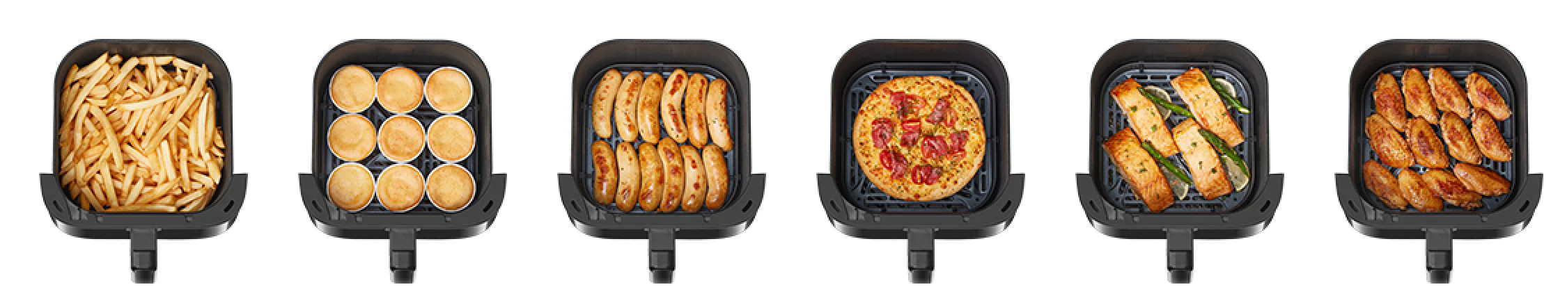 Frytkownica beztłuszczowa z frytkami, muffinkami, kiełbaskami, pizzą, łososiem i skrzydełkami.