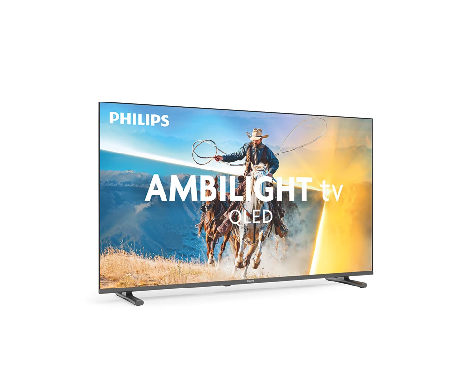 A Philips Ambilight TV displaying a cowboy on a horse, swinging a lasso.