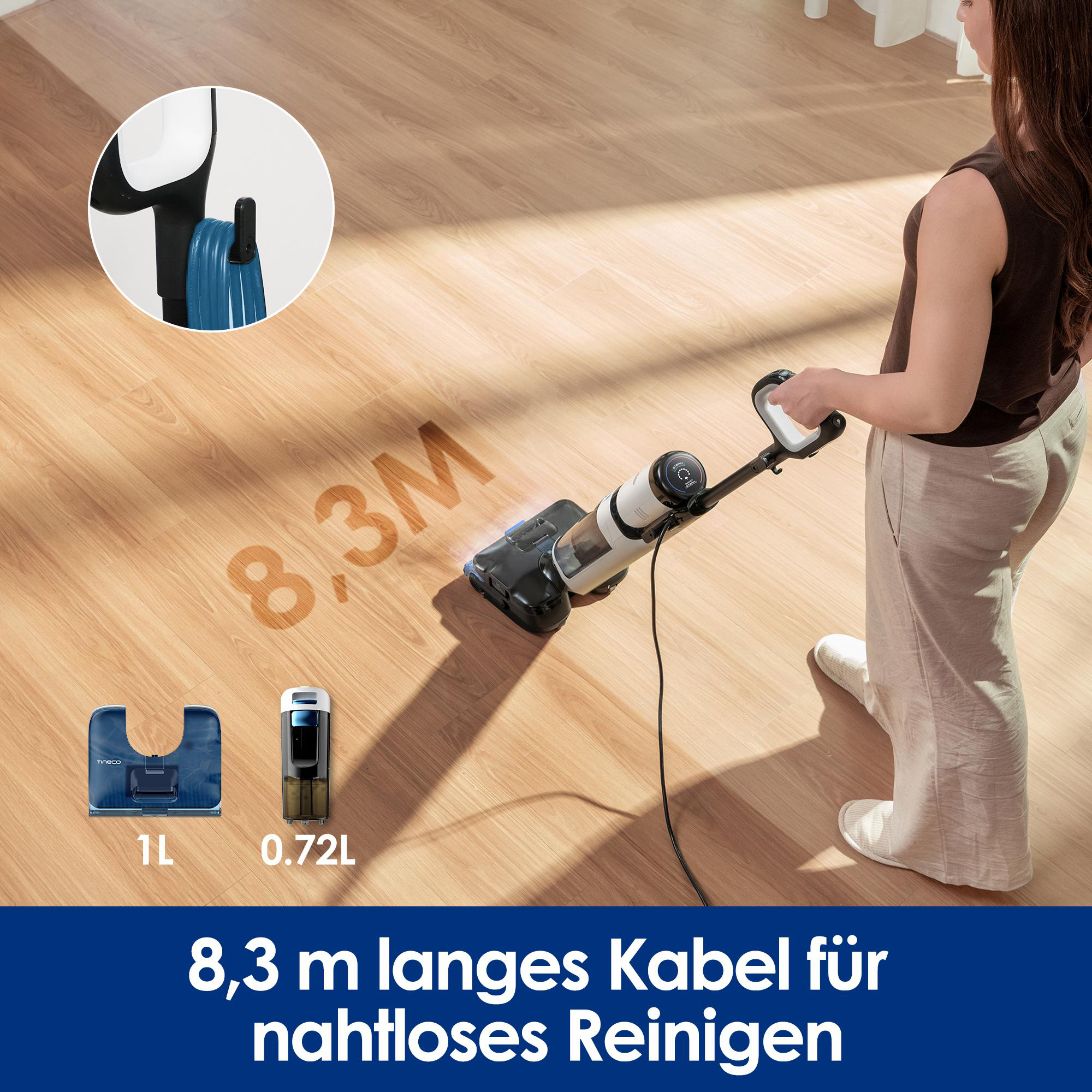 Eine Frau reinigt den Boden mit einem Wischsauger. 8,3M Kabel.