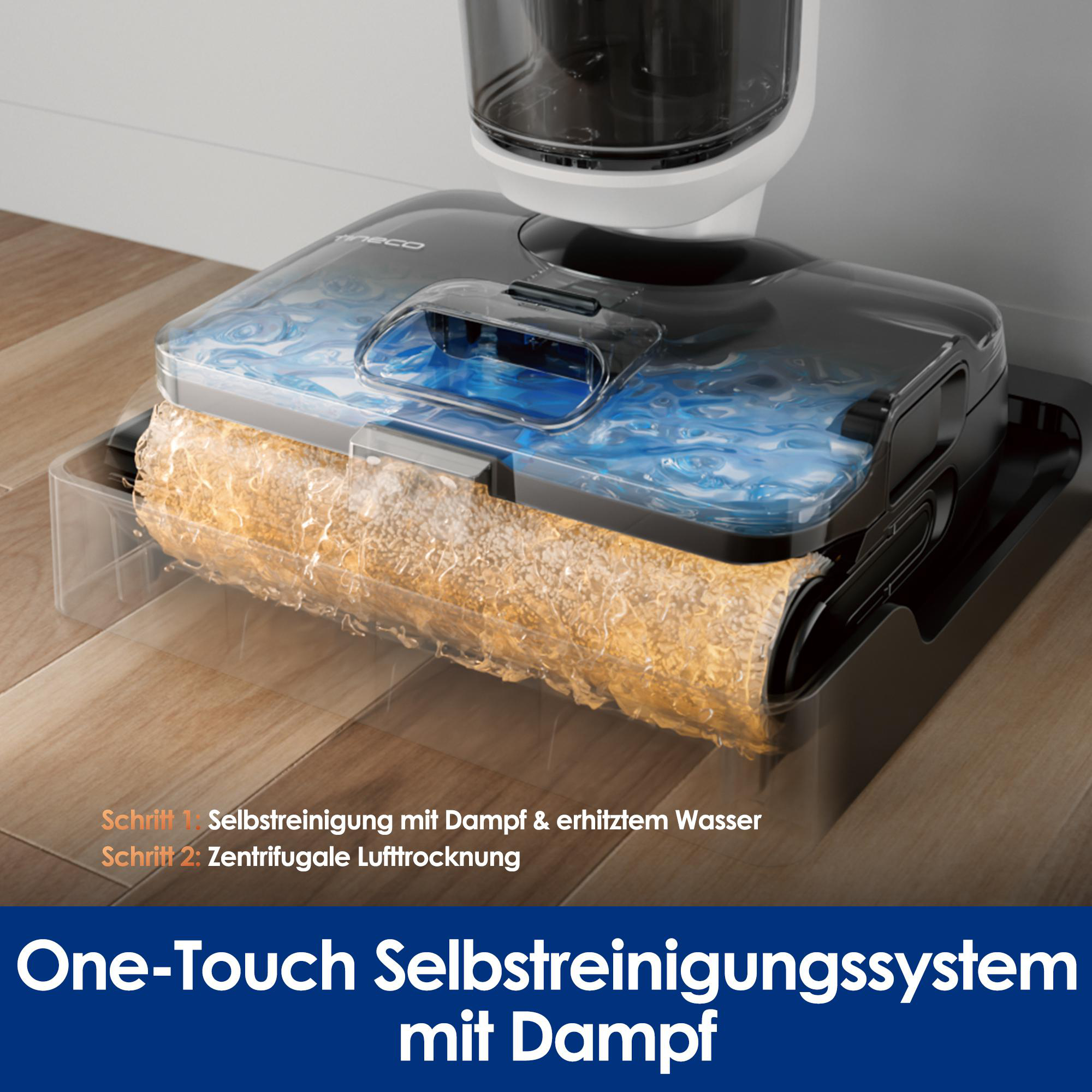 Bodenreiniger mit Dampf und Wasser, zeigt Selbstreinigungsfunktion.