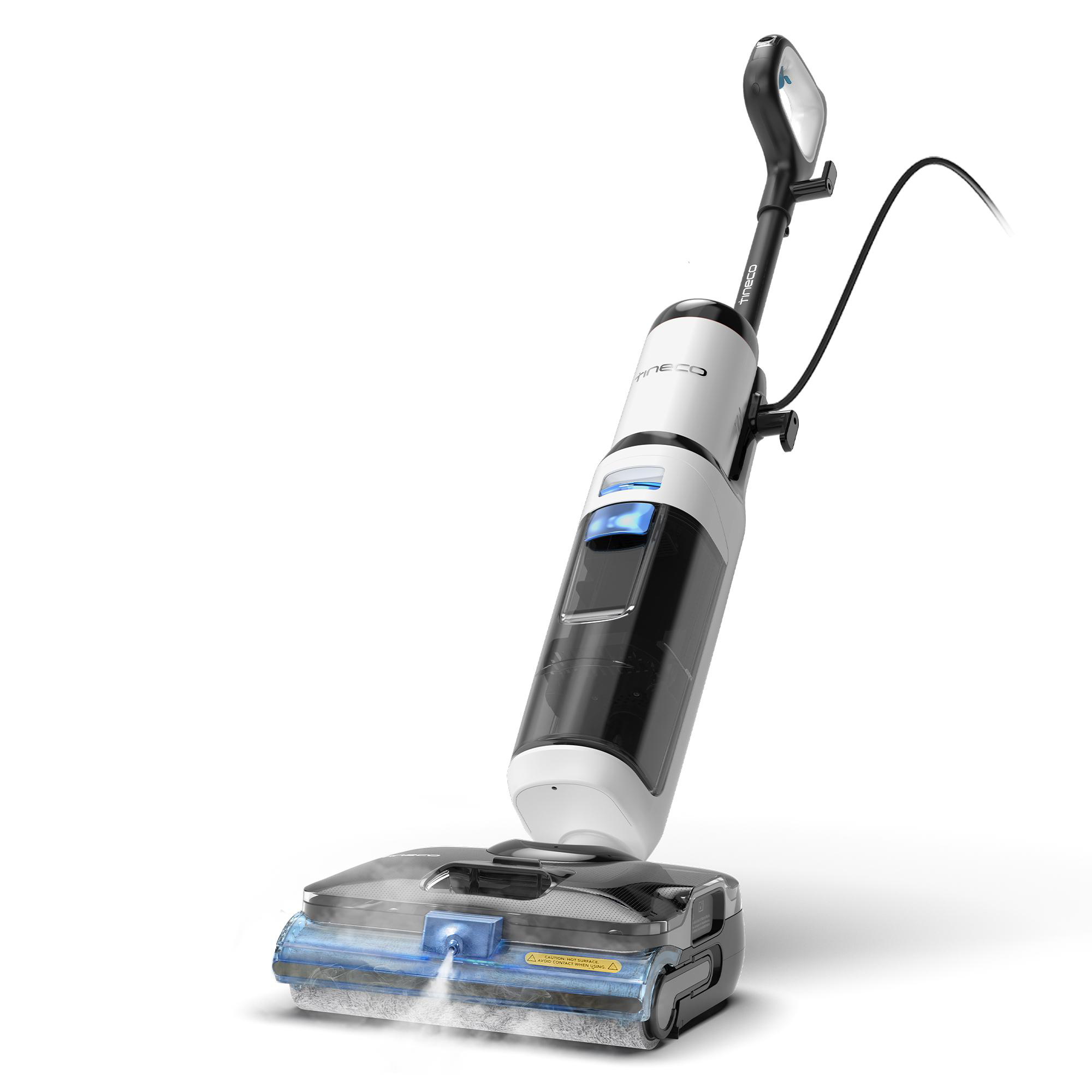 Ein moderner weißer und schwarzer Bodenreiniger mit blauem Licht und Wasserstrahl.