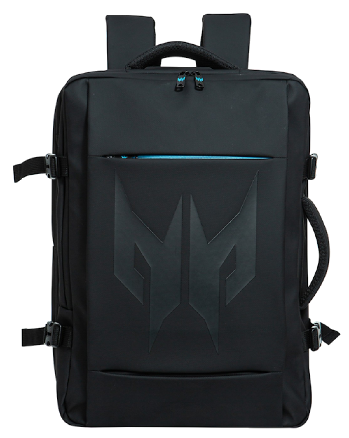 Mochila negra con un gran logo negro y detalles de cremallera azul.