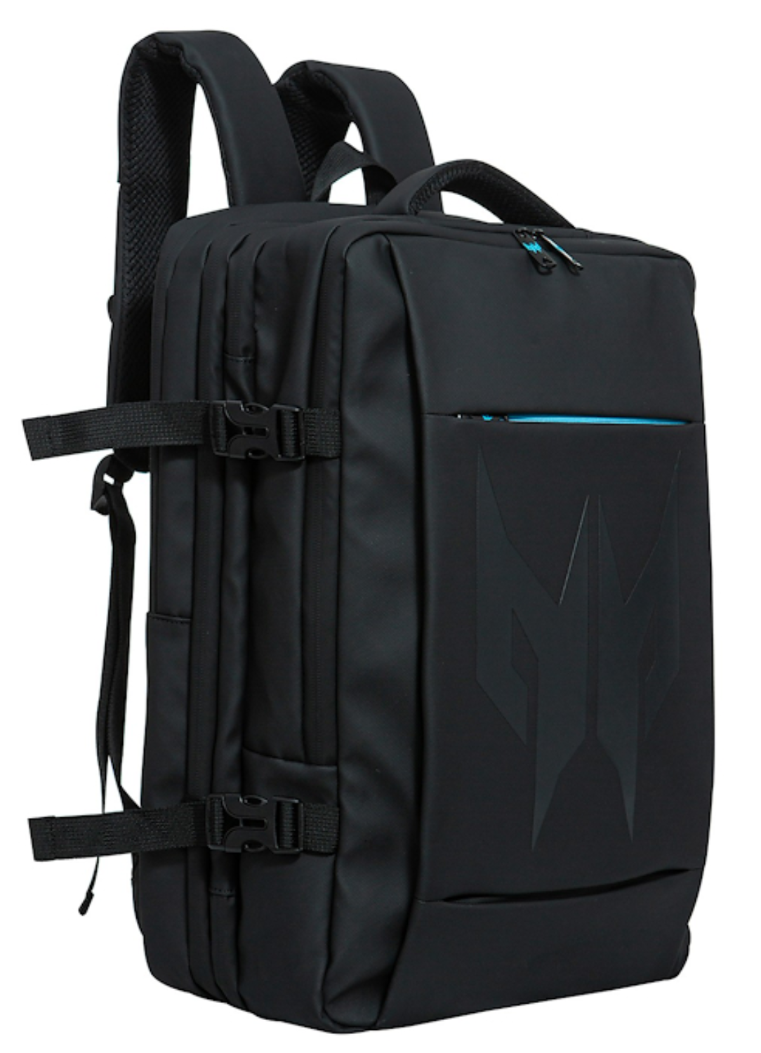 Mochila negra con logo, correas ajustables y hebillas.