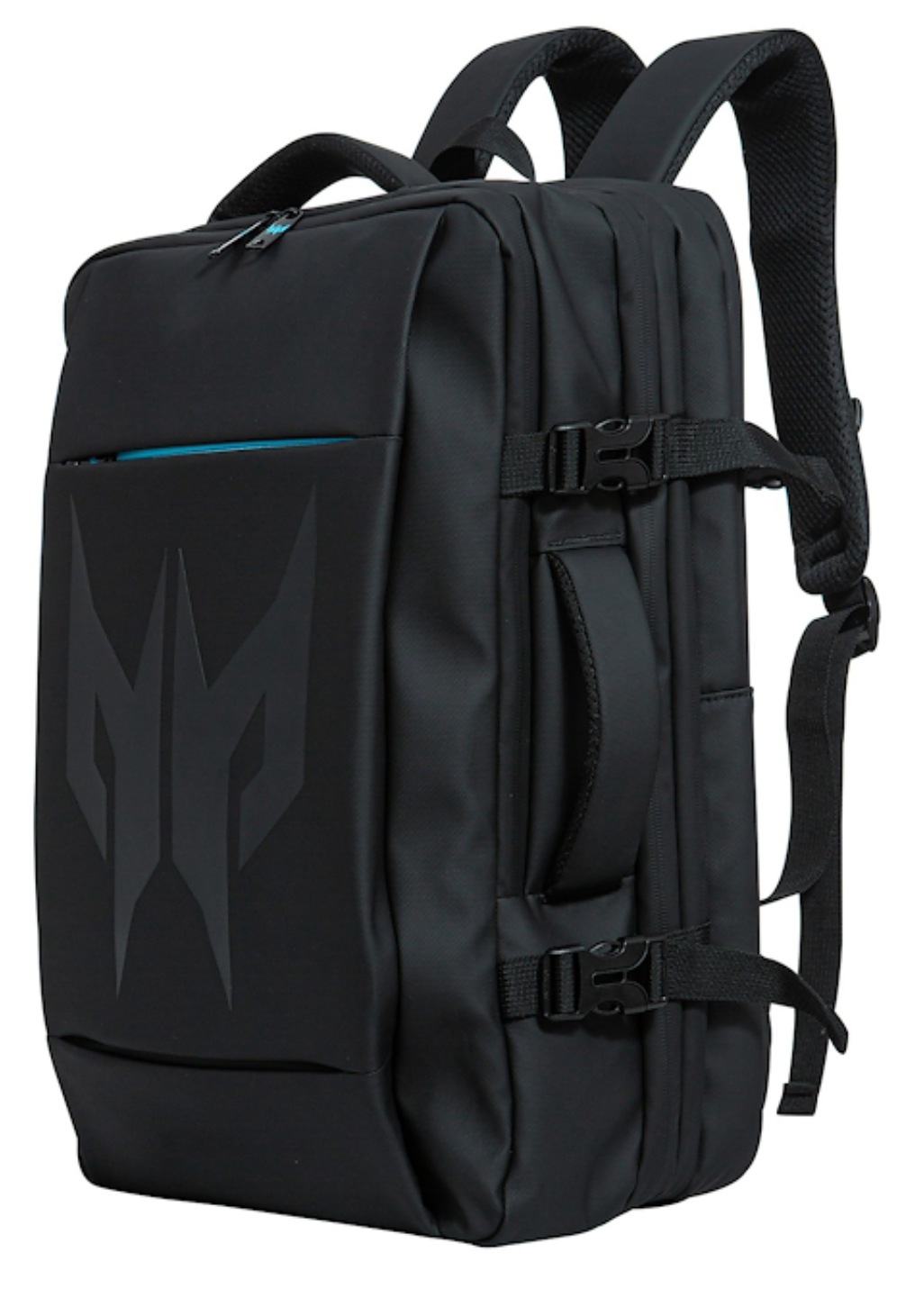 Mochila negra con logo plateado y detalles azules, con asa y correas.
