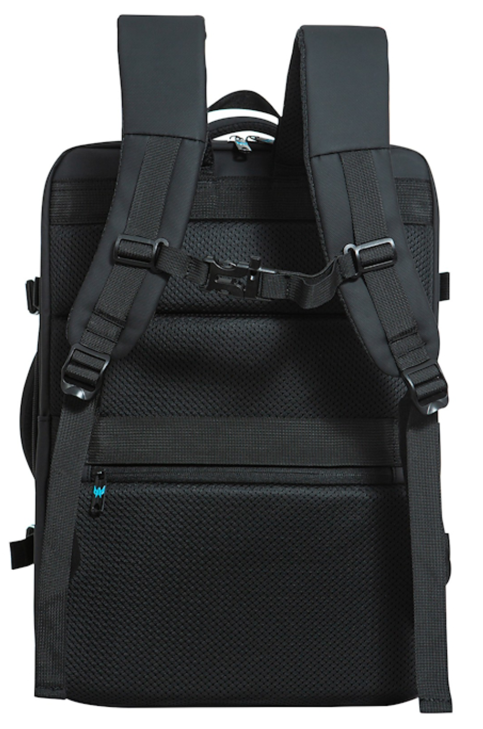 Vista trasera de una mochila negra con correas acolchadas y hebillas.