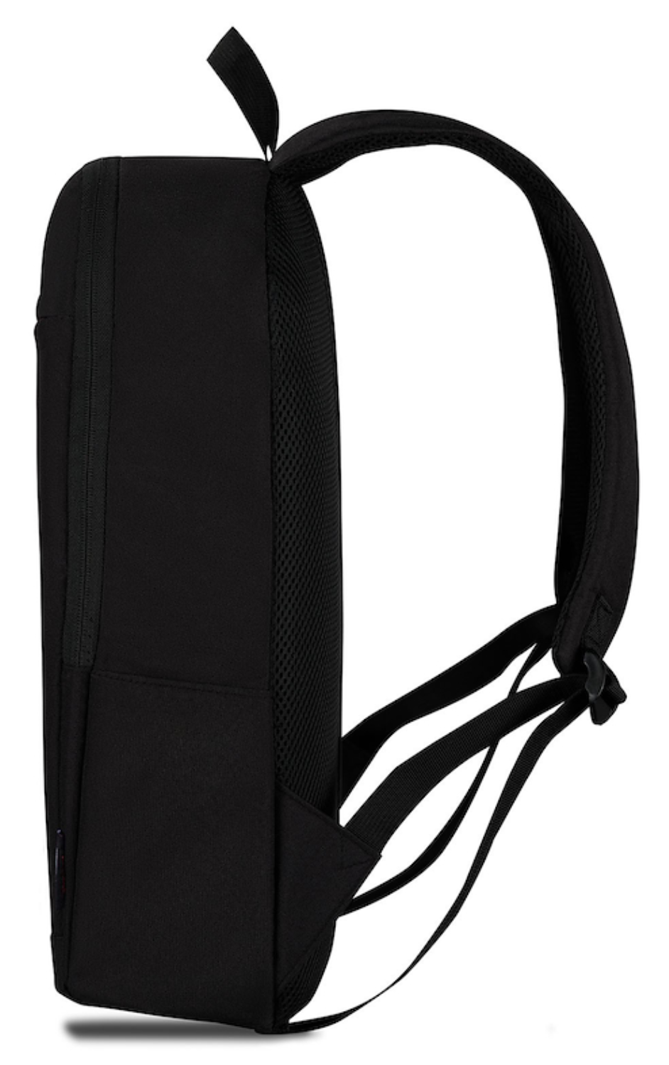 Mochila negra con correas acolchadas y espalda de malla, vista de lado.