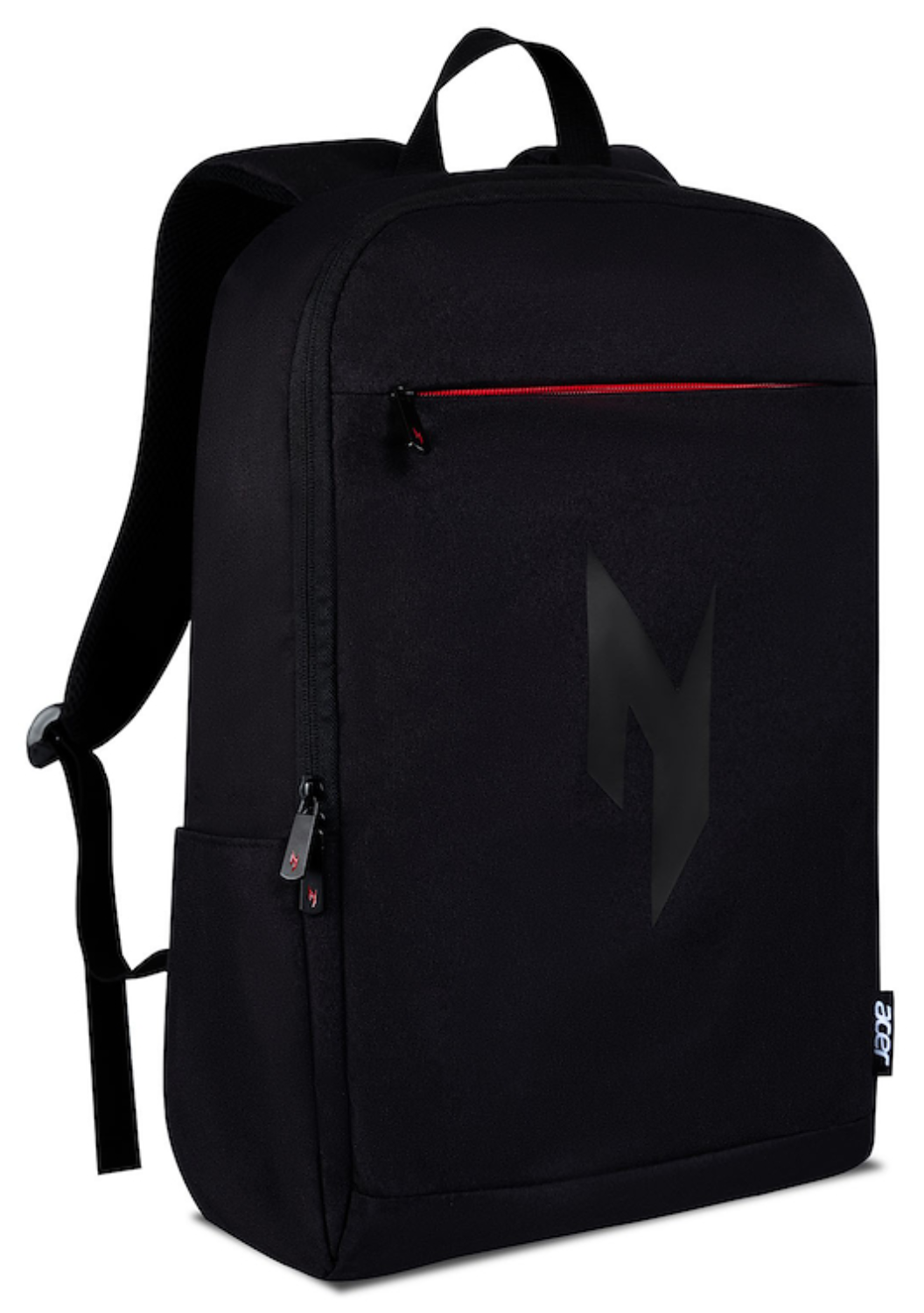 Mochila negra con ribete de cremallera roja y logo negro.