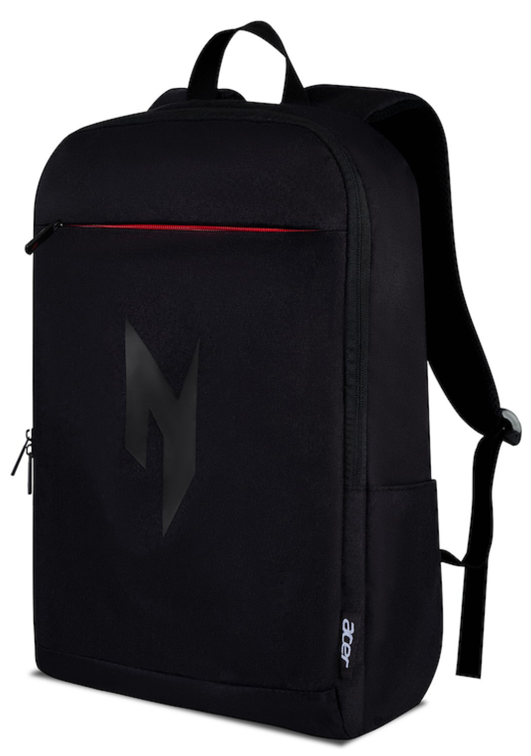 Mochila negra con cremallera roja y logo negro.