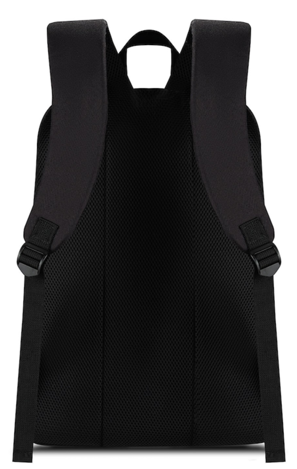 Vista trasera de una mochila negra con correas acolchadas y panel trasero de malla.
