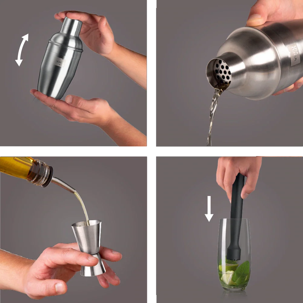 Schütteln, abseihen, abmessen und zerdrücken von Zutaten für Cocktails.