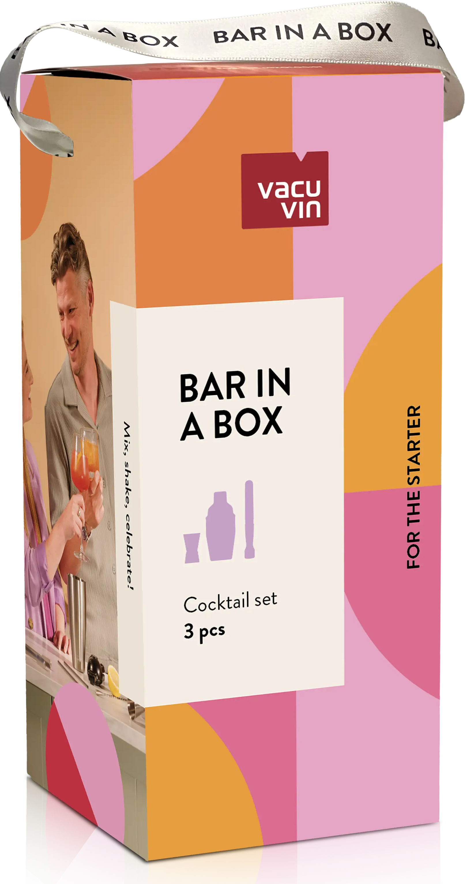 Verpackung eines Cocktail-Sets mit zwei Personen, die Cocktails zubereiten.