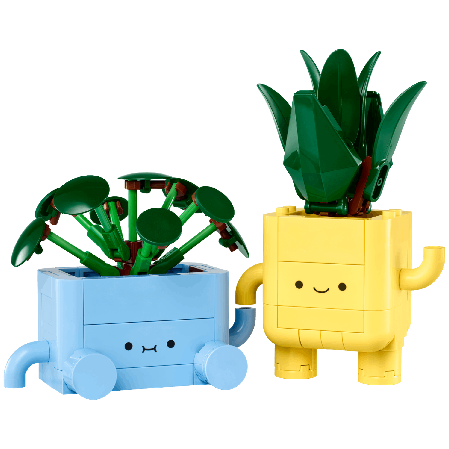 Twee Lego-planten in cartoonachtige potten met gezichten. Eén blauw, één geel.
