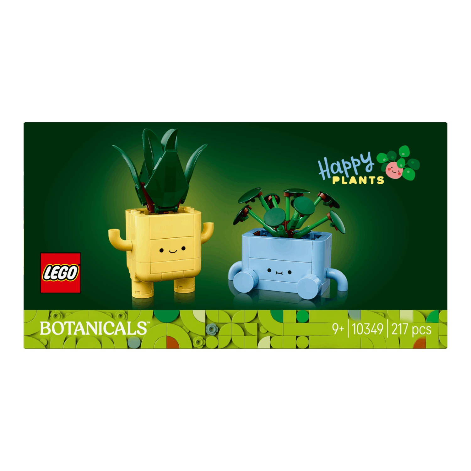 Twee Lego plantpersonages in potten. Eén gele met groene bladeren, één blauwe met ronde bladeren.