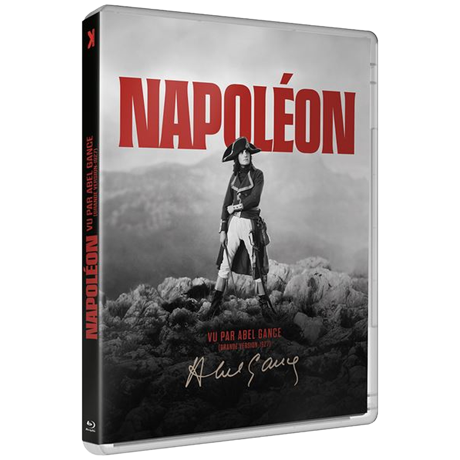 Boîtier Blu-ray avec motif Napoléon, texte rouge et signature.