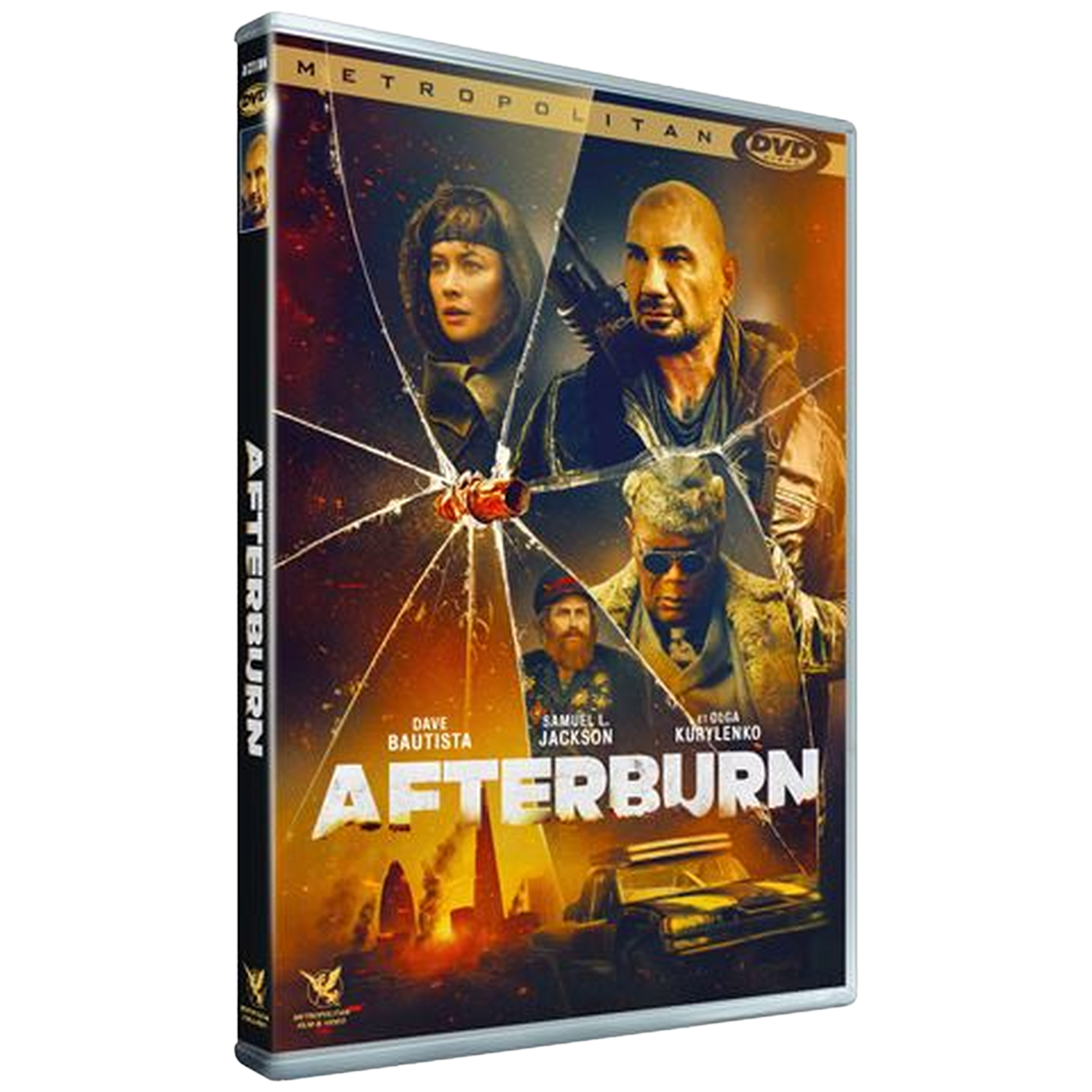 Couverture DVD pour Afterburn: Quatre visages, verre brisé, et une ligne d'horizon urbaine en feu.