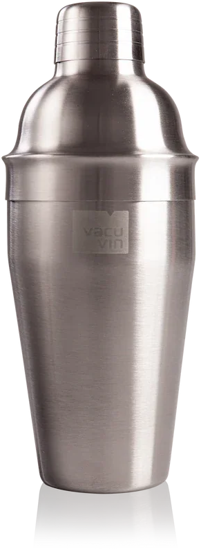 Ein silberner Cocktailshaker mit dem Vacu Vin Logo auf schwarzem Hintergrund.