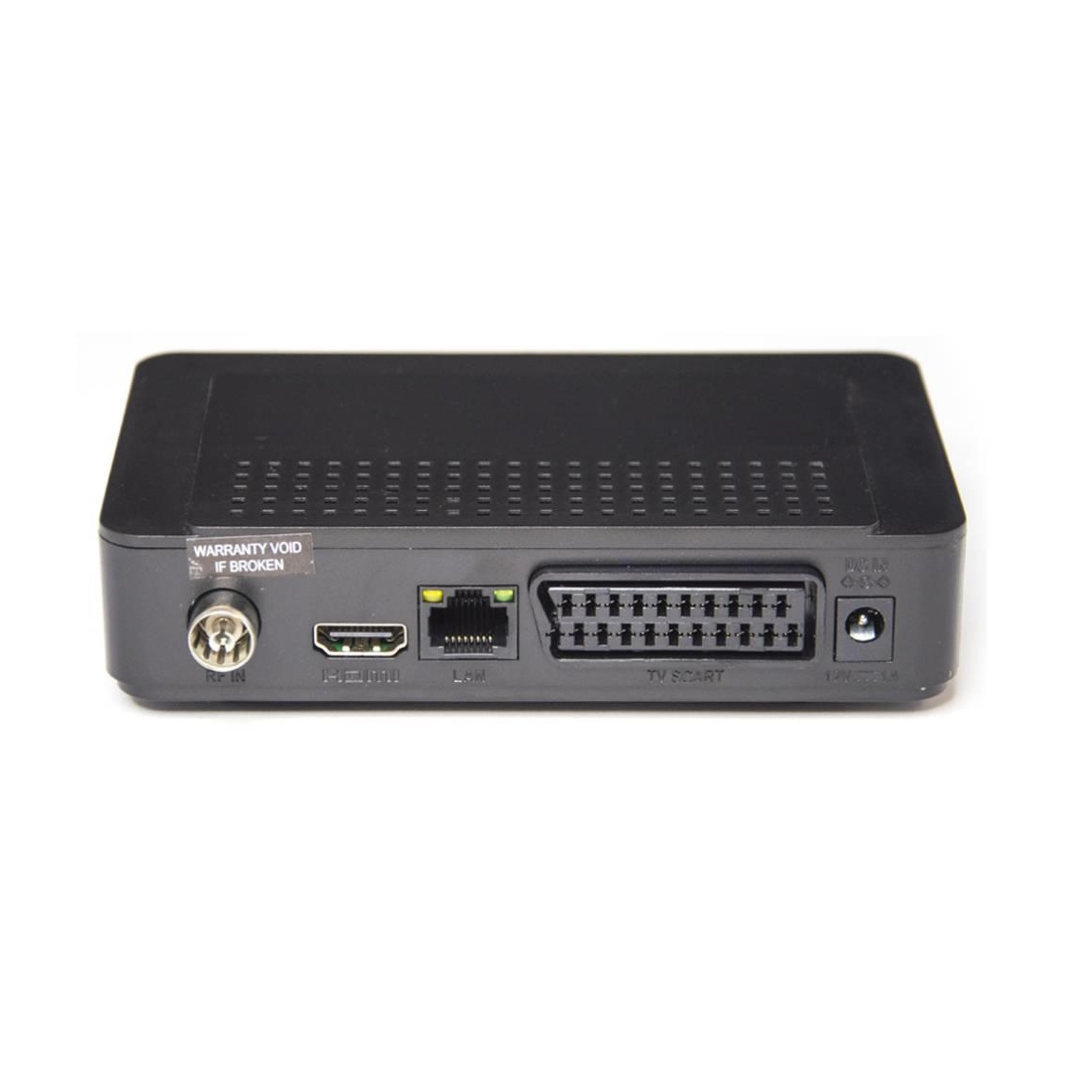 Ricevitore satellitare nero con porte RF IN, HDMI, LAN, SCART e DC IN.