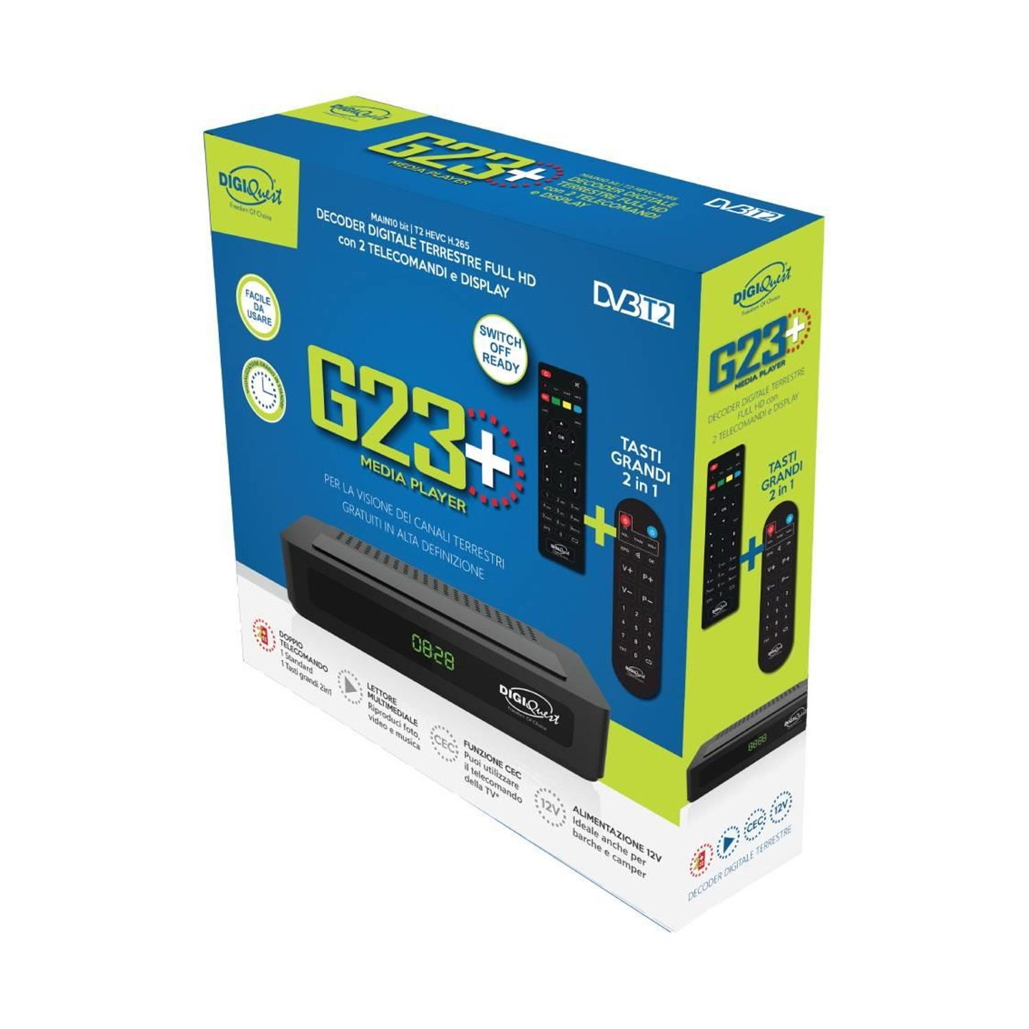 Confezione di un decoder terrestre digitale Full HD con due telecomandi.
