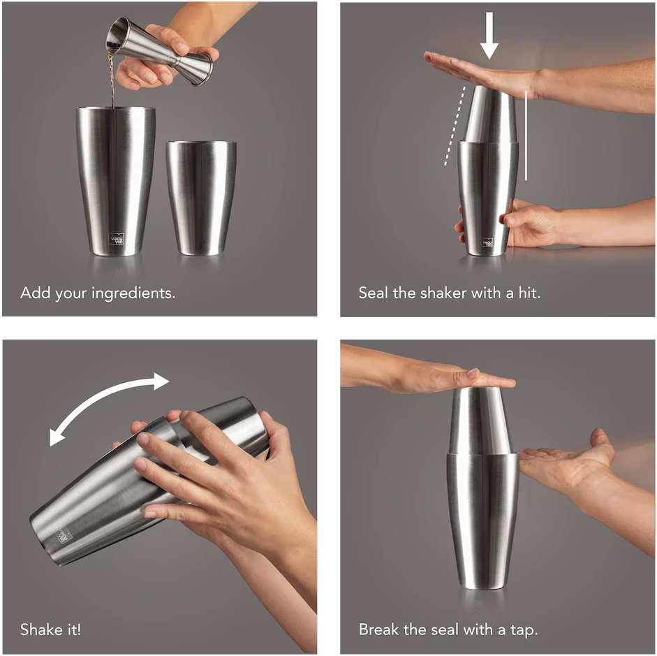Schritt-für-Schritt-Anleitung zur Zubereitung von Cocktails mit einem Metallshaker.