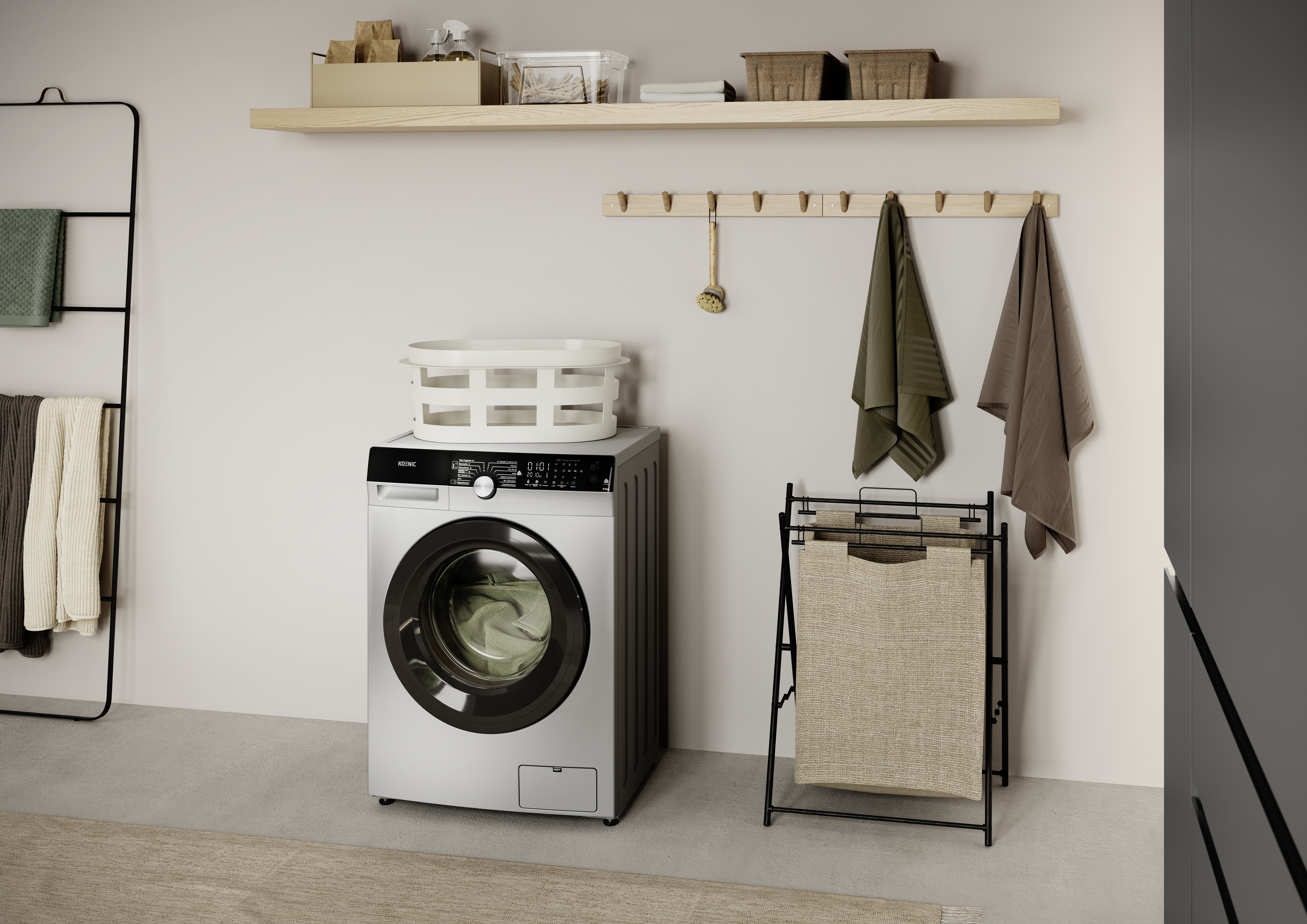 Waschküche mit Waschmaschine, Wäschekorb, Handtüchern und Ablage.