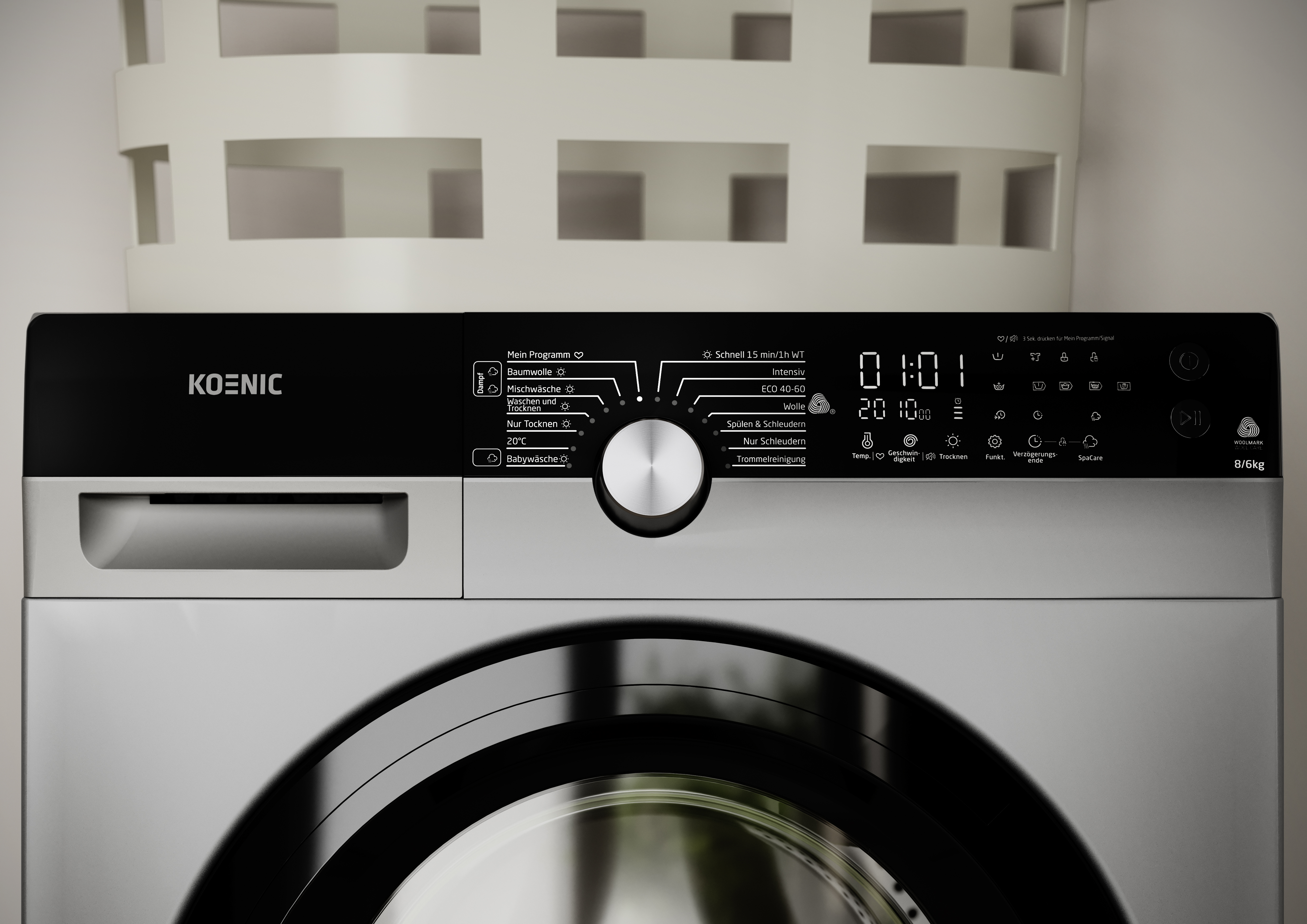 Bedienelement einer Koenic Waschmaschine mit Programmauswahl und digitaler Anzeige.