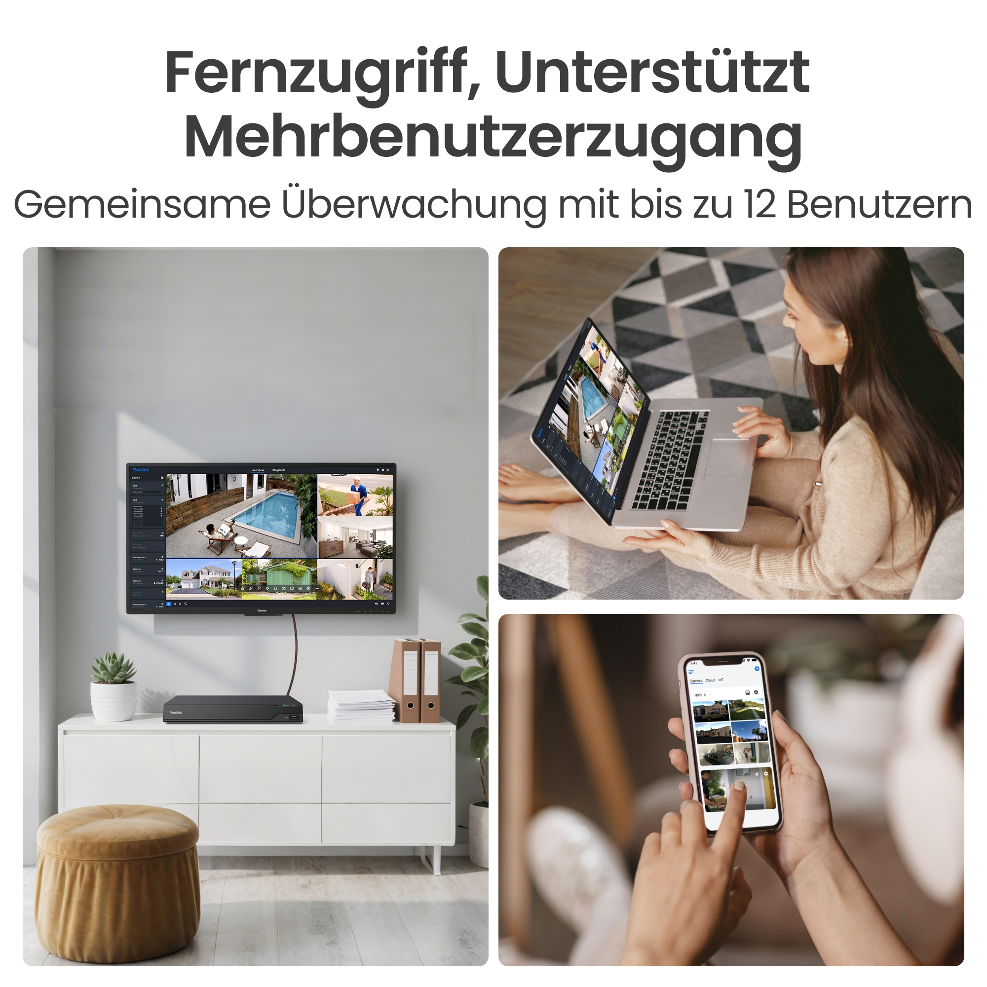 Mehrere Bildschirme zeigen Überwachungskameras: TV, Laptop, Smartphone.