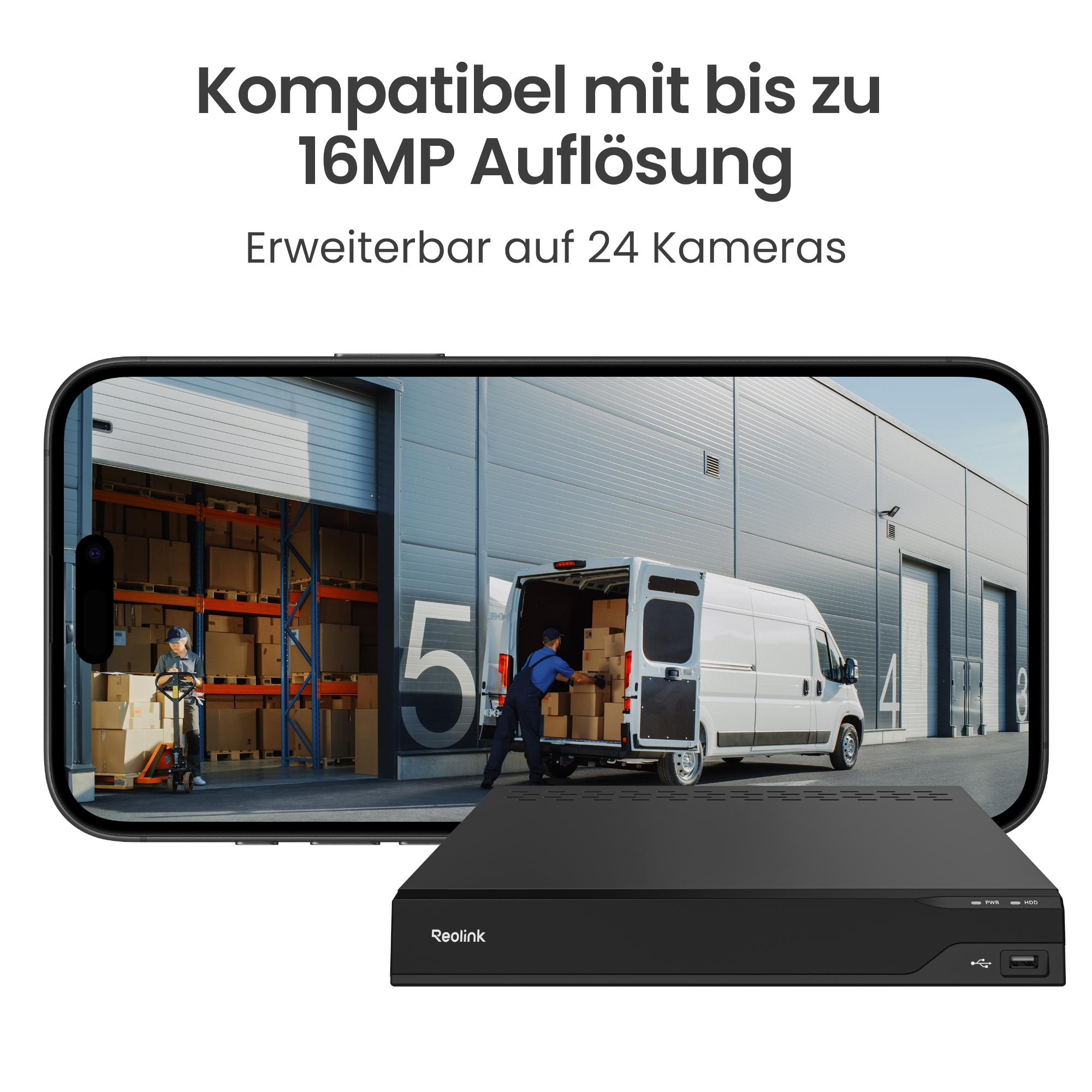 Ein schwarzer Reolink NVR unter einem Smartphone, das ein Lager mit LKW zeigt.