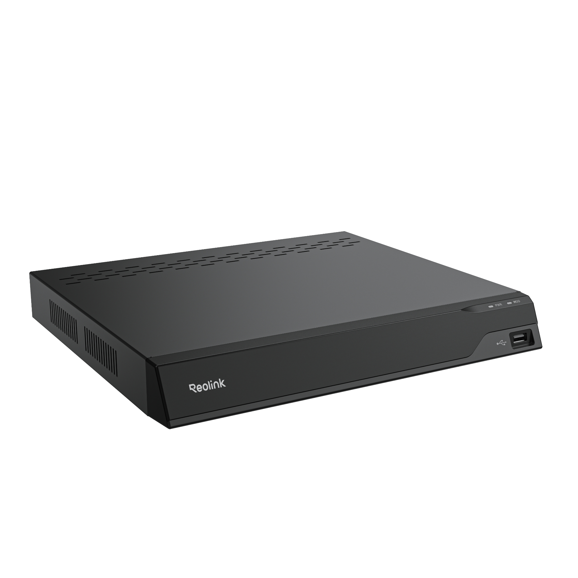 Ein schwarzer Reolink DVR mit Lüftungsschlitzen und einem USB-Anschluss vorne.