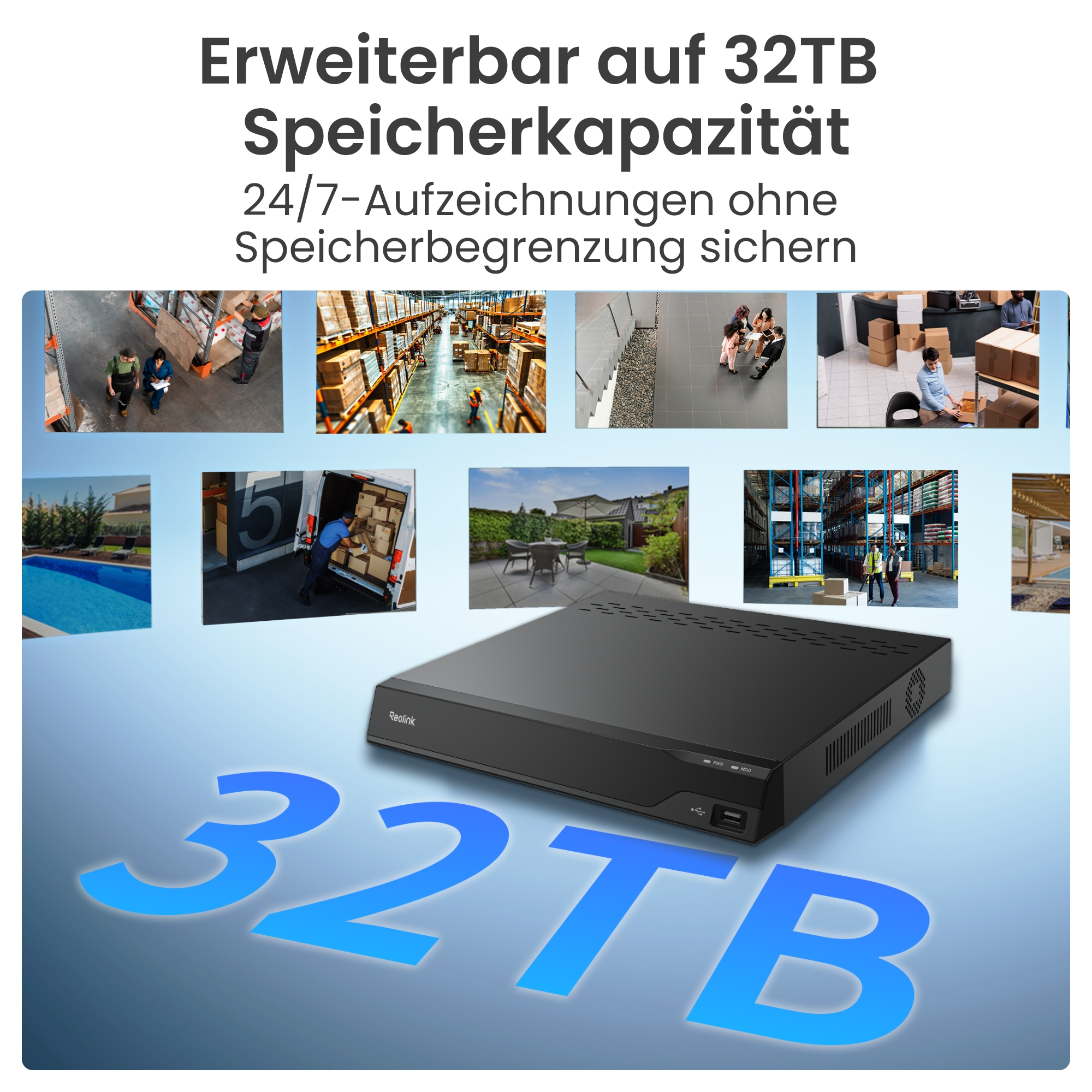 Ein schwarzes Aufnahmegerät mit "32TB" Schriftzug und Bildern von Lagern.