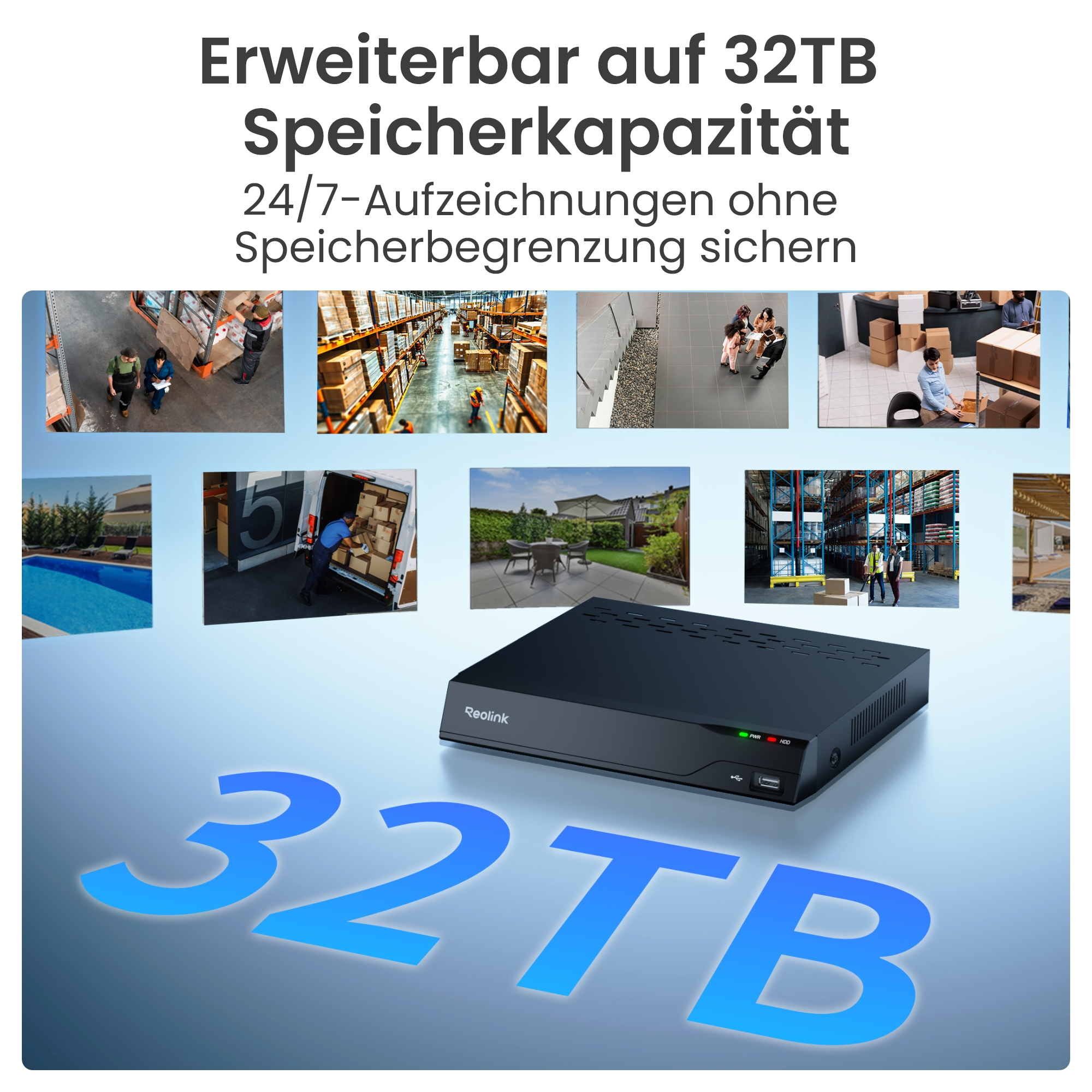 Reolink NVR mit 32TB Speicherkapazität, umgeben von Bildern von Lagern, Büros und einem Pool.