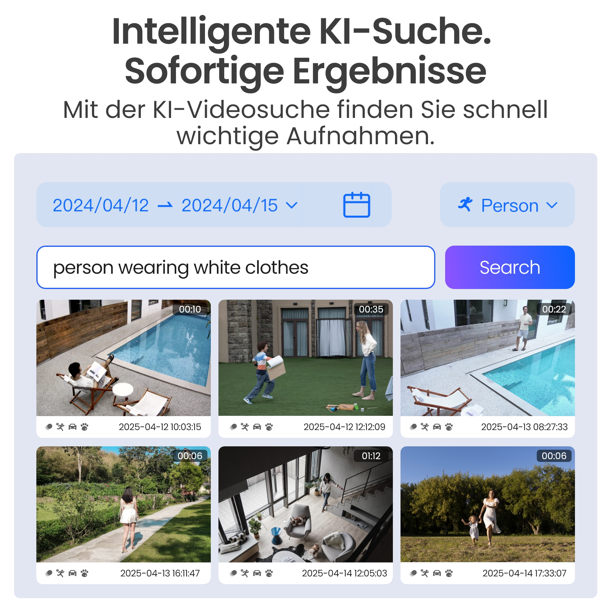 KI-Suche mit Datum und Personenauswahl. Suchfeld für weiße Kleidung.