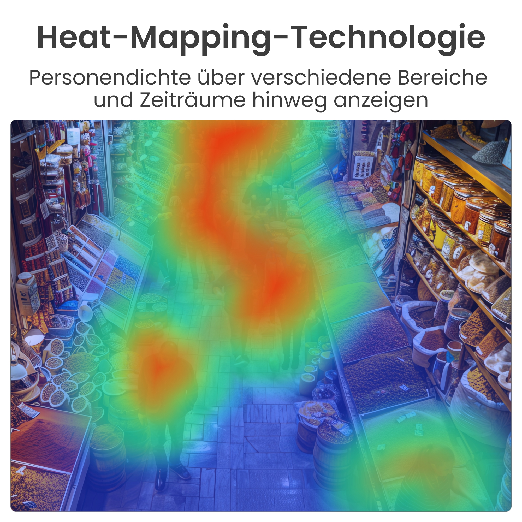 Heatmap über einem Markt zeigt Personenansammlungen, mit Ständen voller Gewürze und Gläser.