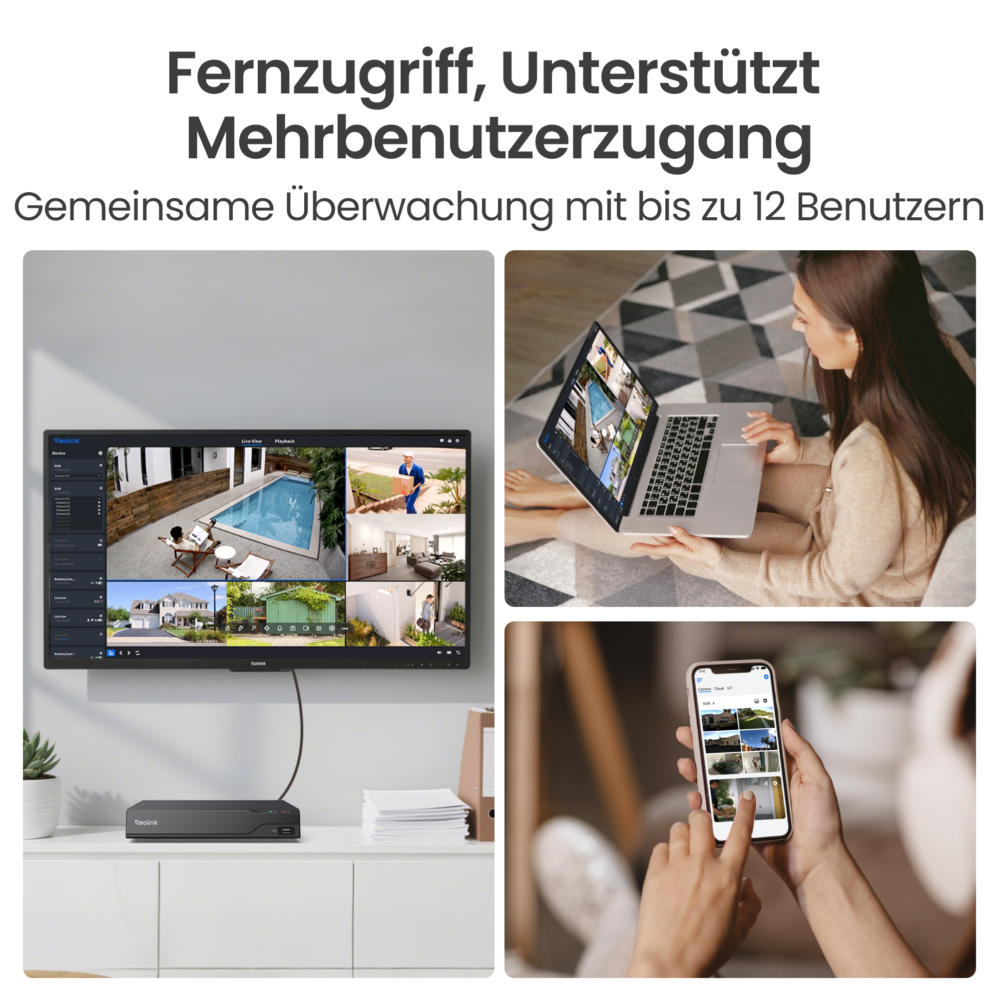 Bildschirm zeigt Überwachungskameras. Frau nutzt Laptop, Handy zeigt Kameras.