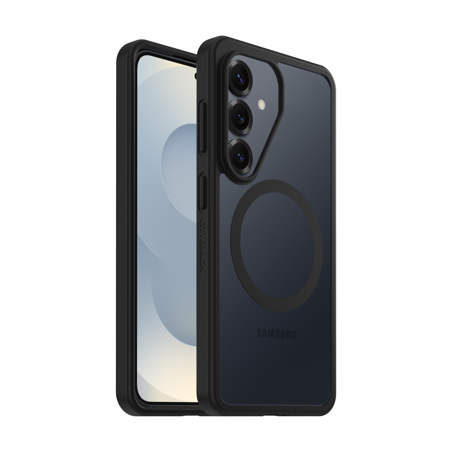 Uno smartphone Samsung scuro in custodia Otterbox nera, con tre fotocamere.