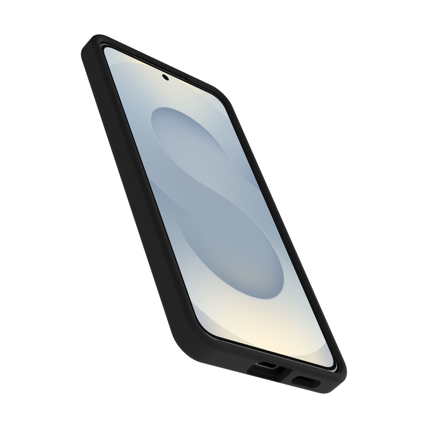 Uno smartphone nero con uno sfondo stilizzato blu e bianco.