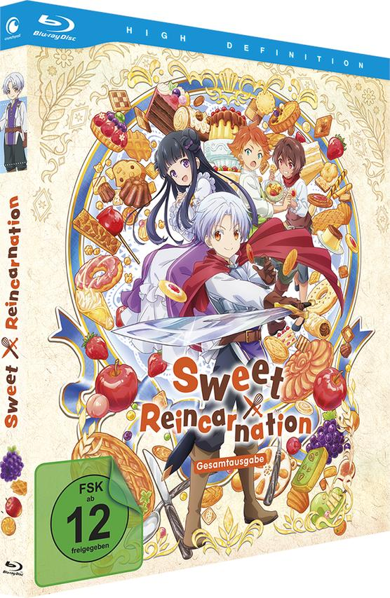 Anime-Blu-ray-Cover mit Charakteren und vielen Süßigkeiten.