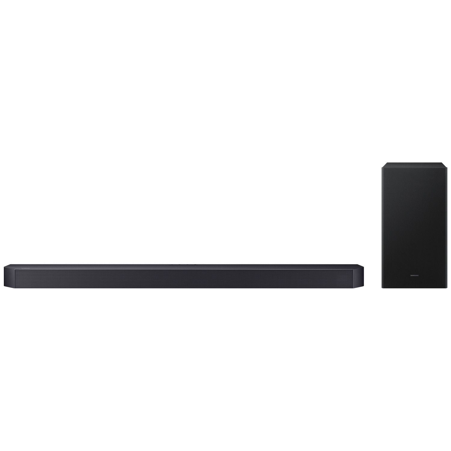 Zwarte soundbar en subwoofer tegen witte achtergrond.