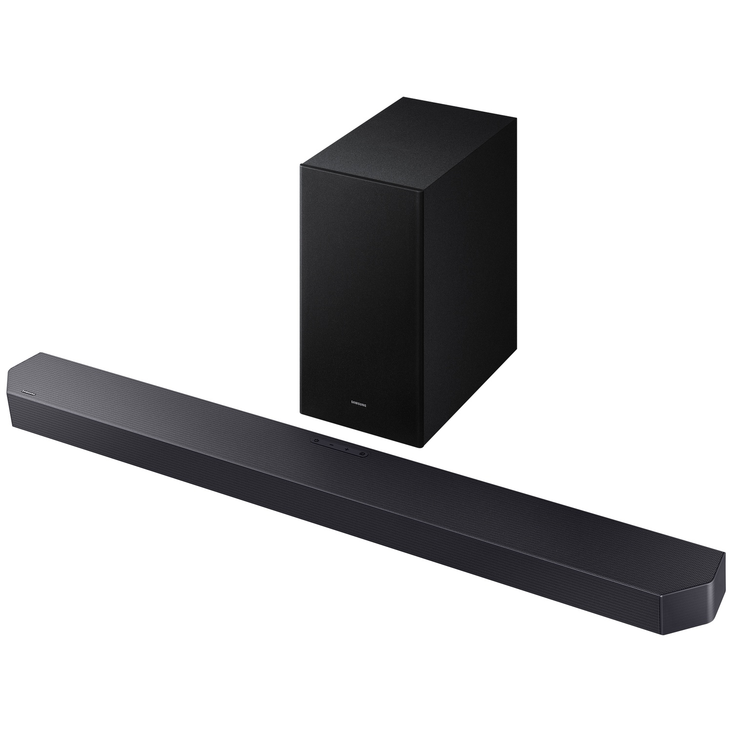 Zwarte soundbar en subwoofer op witte achtergrond.