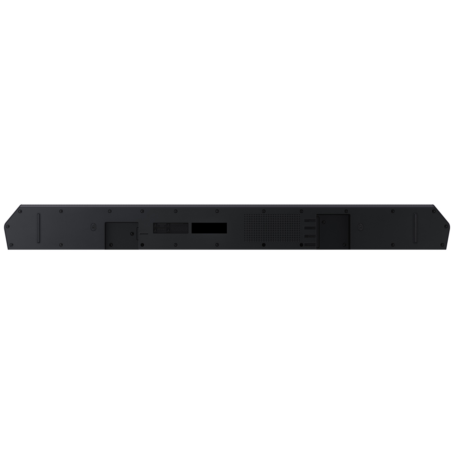 Achterkant van een zwarte soundbar met poorten en ventilatieroosters.