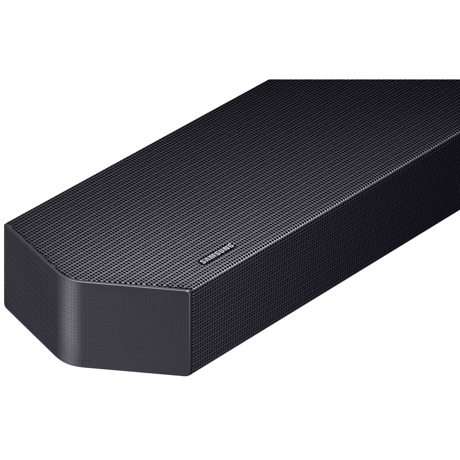 Zwarte Samsung soundbar met geperforeerde bovenkant, close-up.