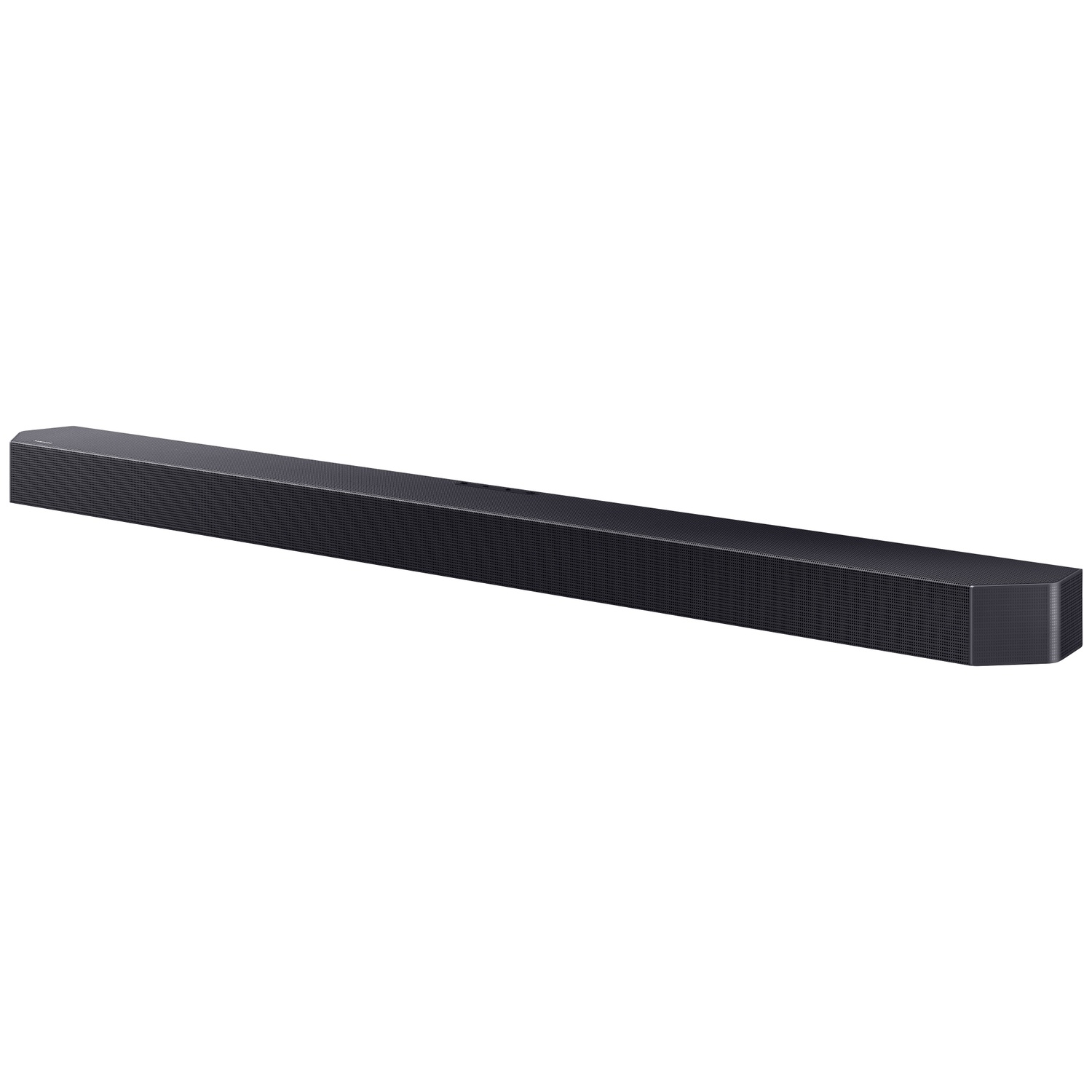 Een zwarte soundbar met geperforeerd rooster, op witte achtergrond.