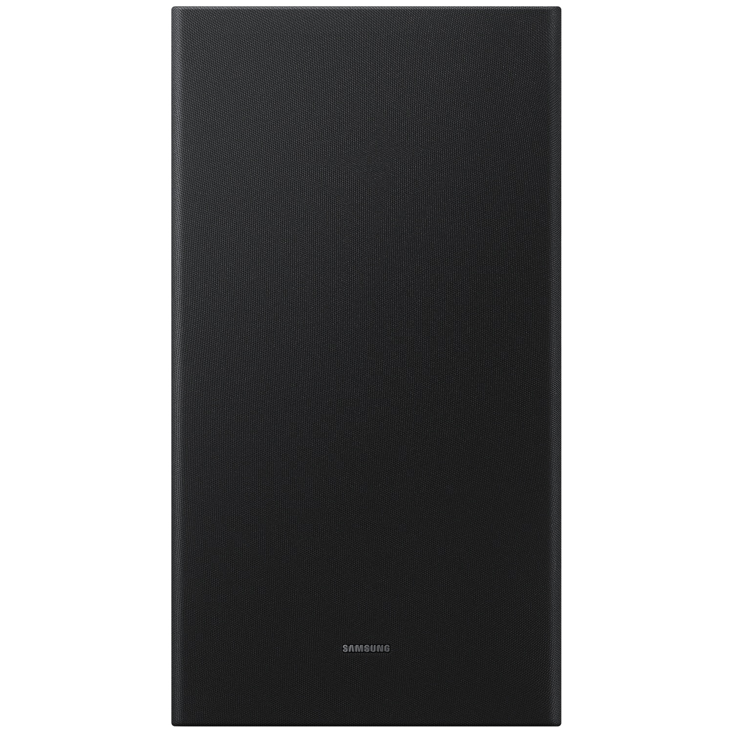 Een zwarte Samsung luidspreker met stoffen grill, verticaal getoond op witte achtergrond.