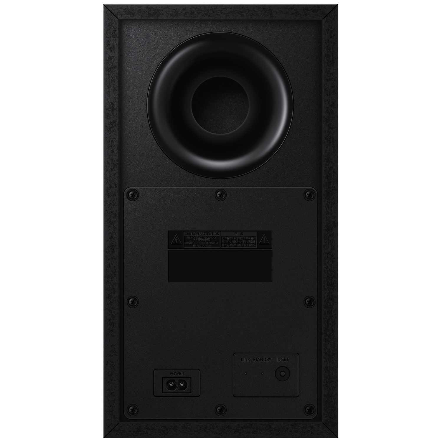 Achterkant van een zwarte subwoofer met poorten en waarschuwingslabels.