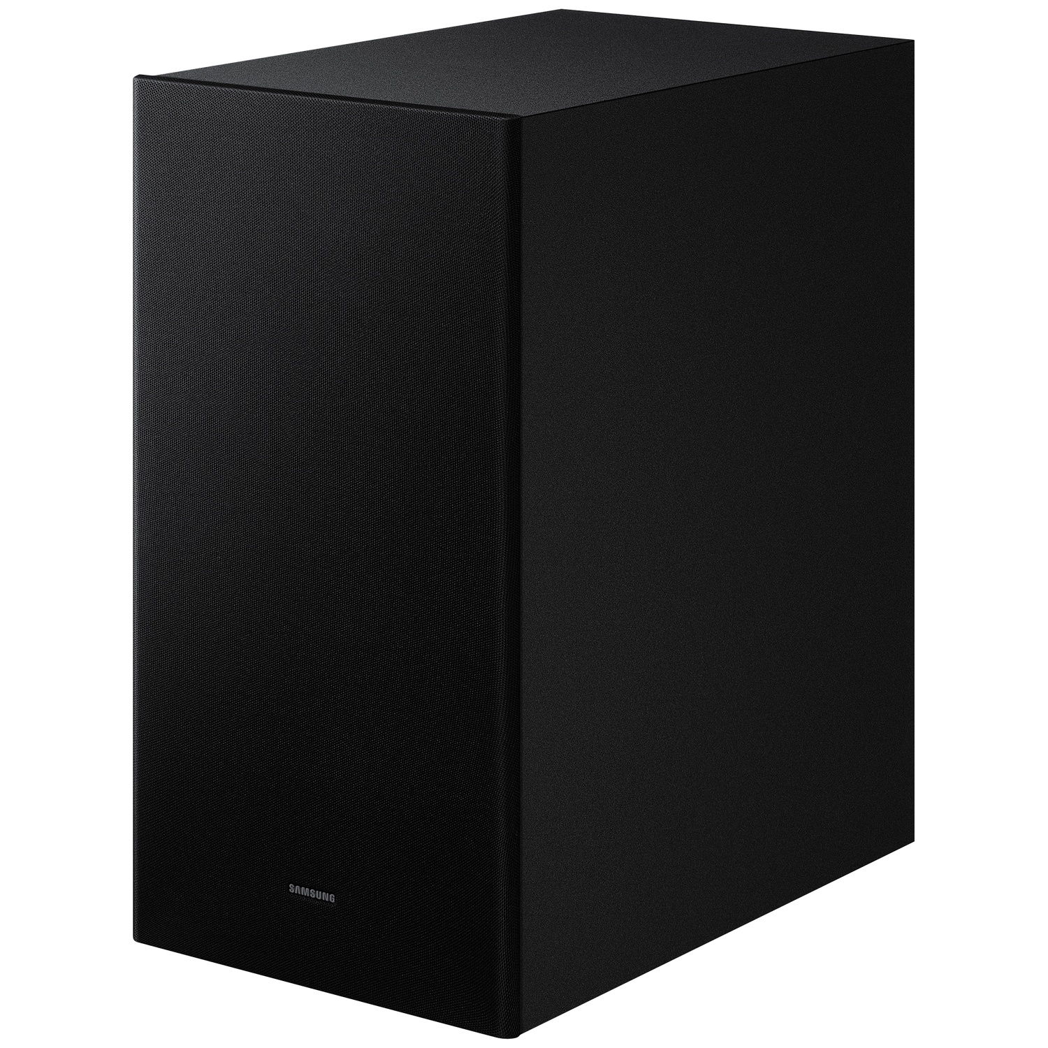 Zwarte rechthoekige subwoofer met stoffen grill en Samsung logo.