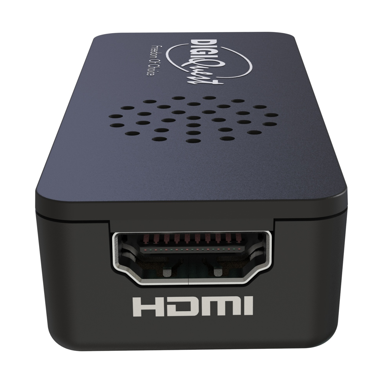 Dispositivo HDMI nero con fori di ventilazione e marchio.