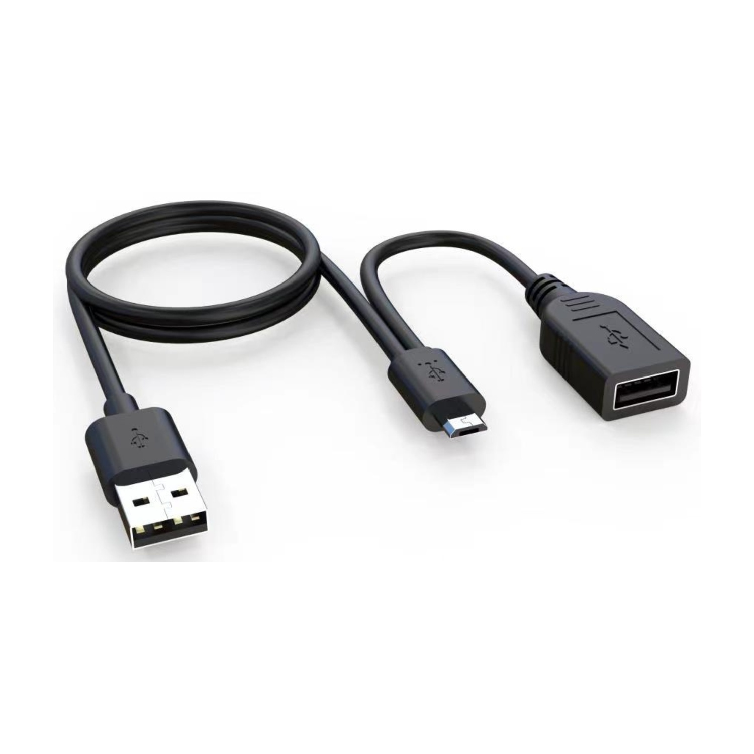 Cavo USB OTG nero con un connettore USB-A maschio, un Micro USB maschio e una USB-A femmina.