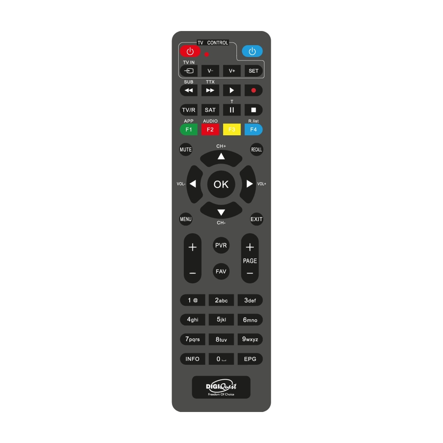 Un telecomando nero con numerosi pulsanti per il funzionamento della TV e le funzioni digitali.