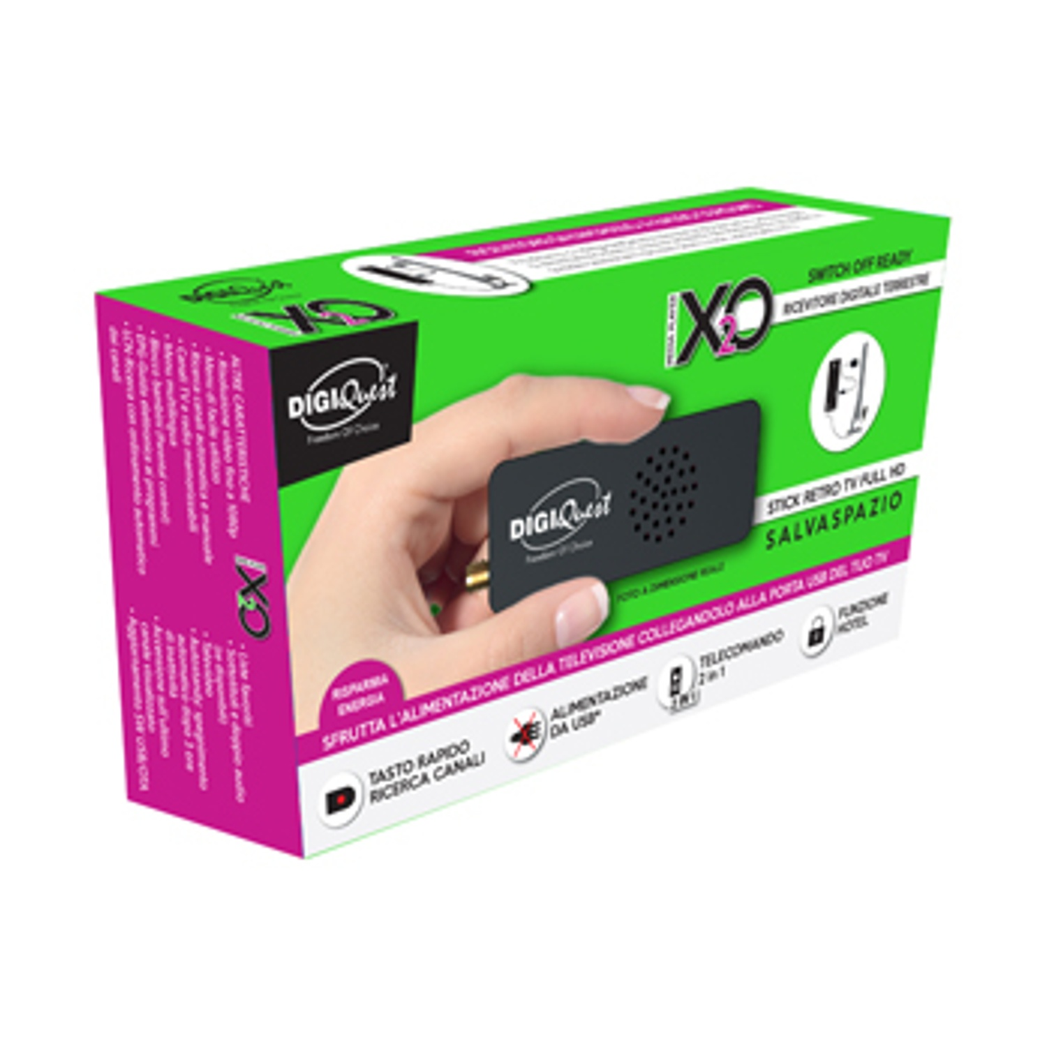Una confezione con un ricevitore TV digitale stick e informazioni.
